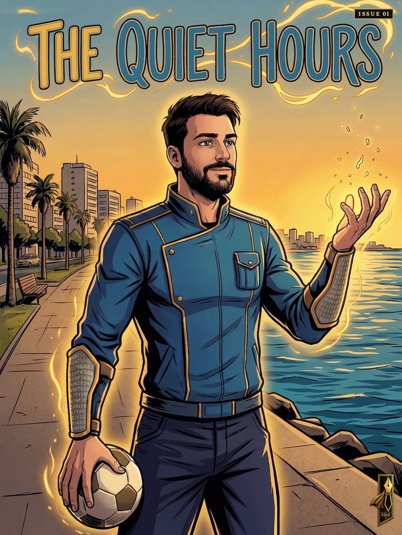 Cover of "The Quiet Hours", a personalized comic starring Levan of Limassol: Levan walks the Limassol seafront promenade at sunrise in a deep blue uniform jacket, glowing golden columns of numbers running down both forearms, a football held under one arm and sparks of light lifting from his raised hand, palm trees and the sea beside him. Drawn in modern comic-book style, made as a gift for a new father, childhood friend.
