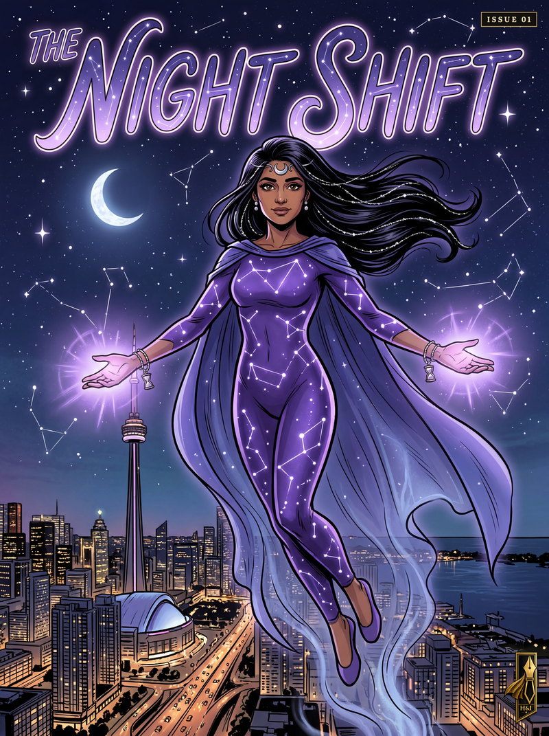 Cover of "The Night Shift", a personalized comic starring Priya of Toronto: Priya floats above the Toronto skyline at night in a deep purple bodysuit and cape mapped with glowing constellations, light blooming in both palms, a crescent moon and the CN Tower behind her. Drawn in modern comic-book style, made as a thank-you gift for a frontline worker.