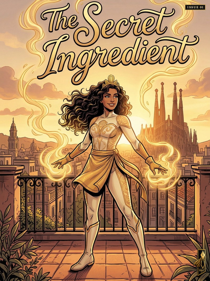 Cover of "The Secret Ingredient", a personalized comic starring Sofia of Barcelona: Sofia stands on a Barcelona balcony at golden hour in a white and gold hero outfit with a small crown, ribbons of glowing golden aroma curling from both open hands, the Sagrada Familia rising behind her. Drawn in modern comic-book style, made as a birthday gift for a chef who fought to keep their neighborhood alive.